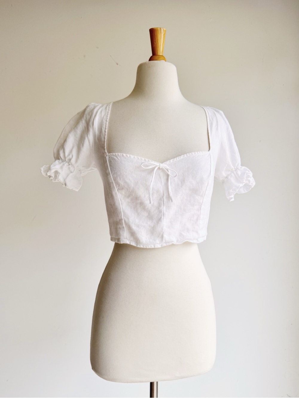 Reformation White Linen Corset Capulet Blouse Puff Sleeve Smocked Crop Top 6